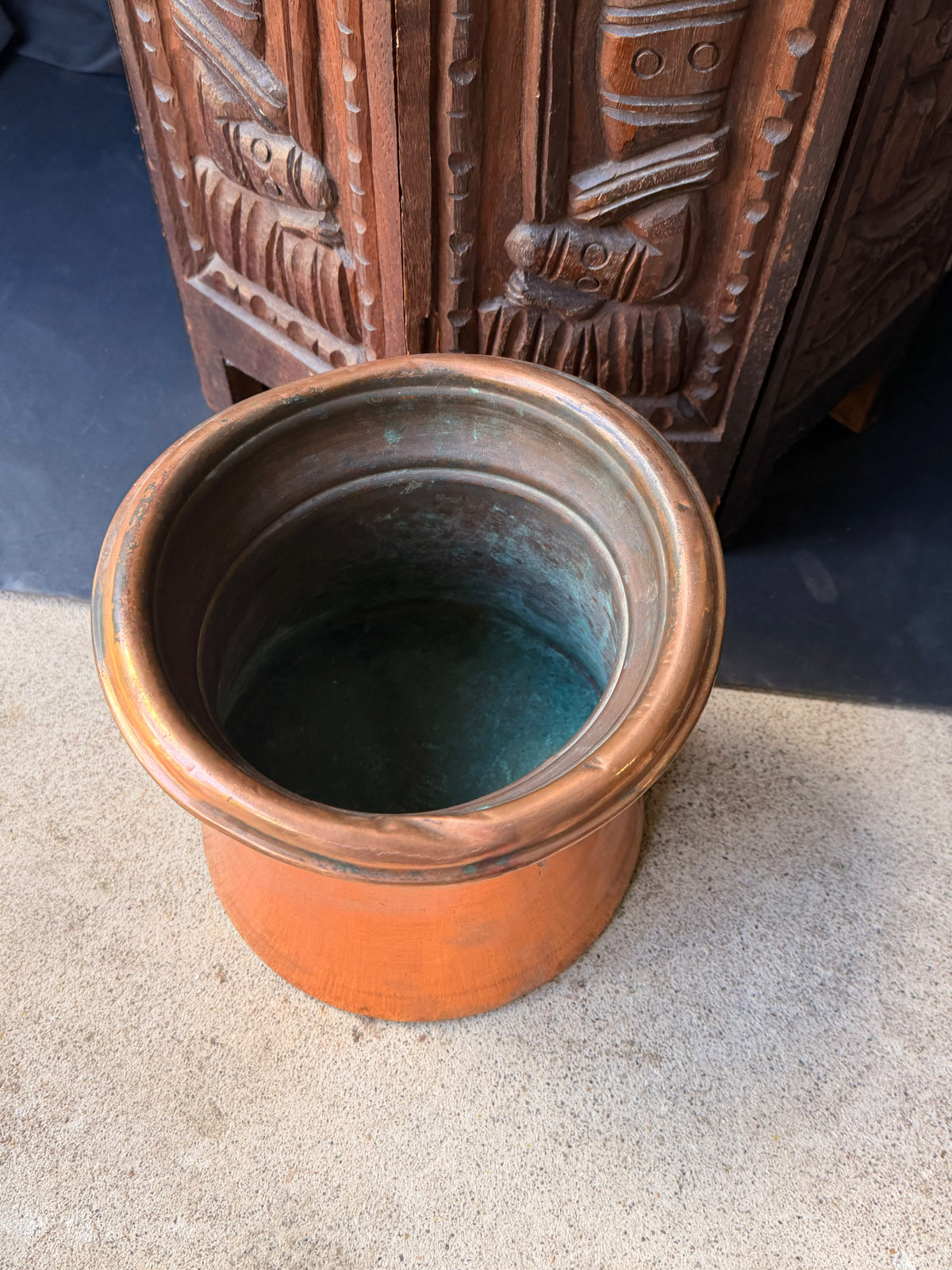Antique Indian Tinned Copper Water Vessel Rolled Rim Pouring Lip Pot 8.5in