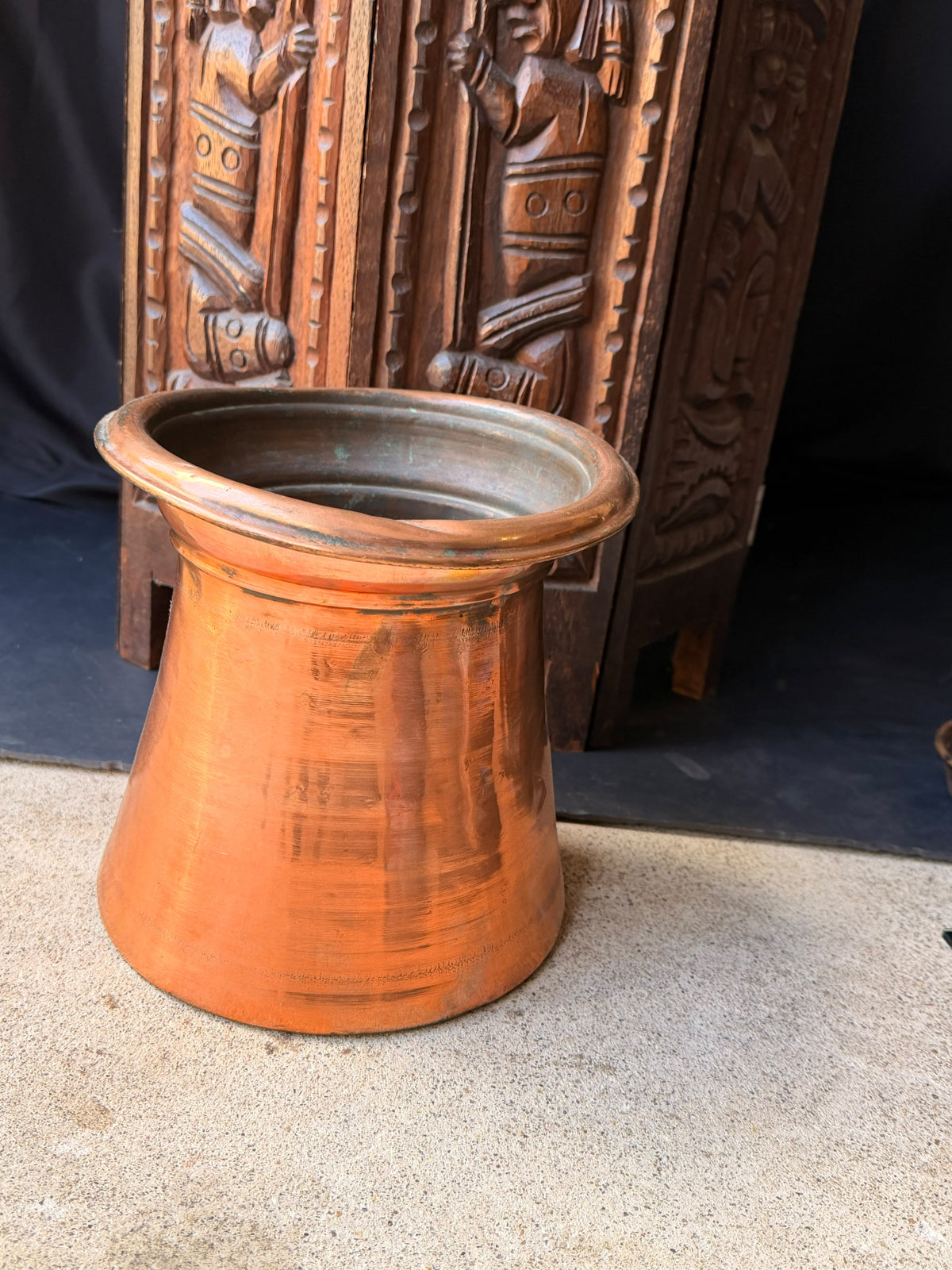 Antique Indian Tinned Copper Water Vessel Rolled Rim Pouring Lip Pot 8.5in