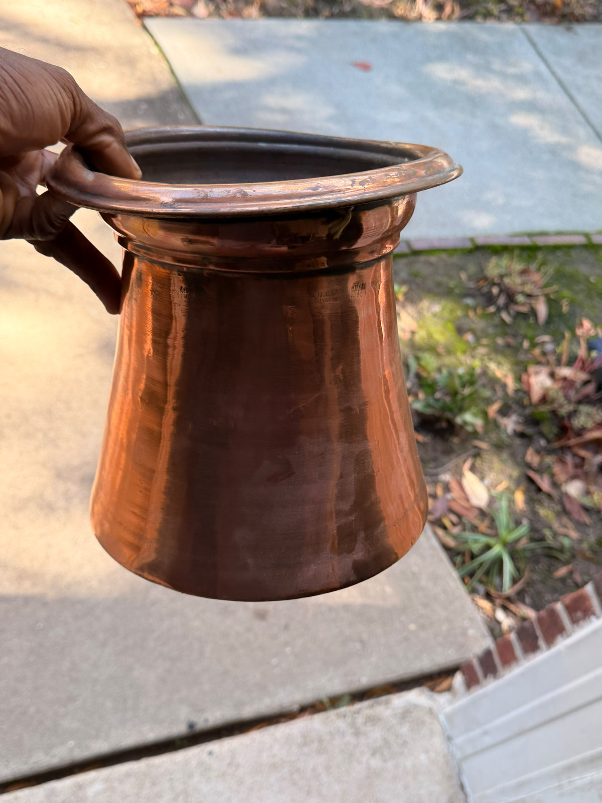 Antique Indian Tinned Copper Water Vessel Rolled Rim Pouring Lip Pot 8.5in