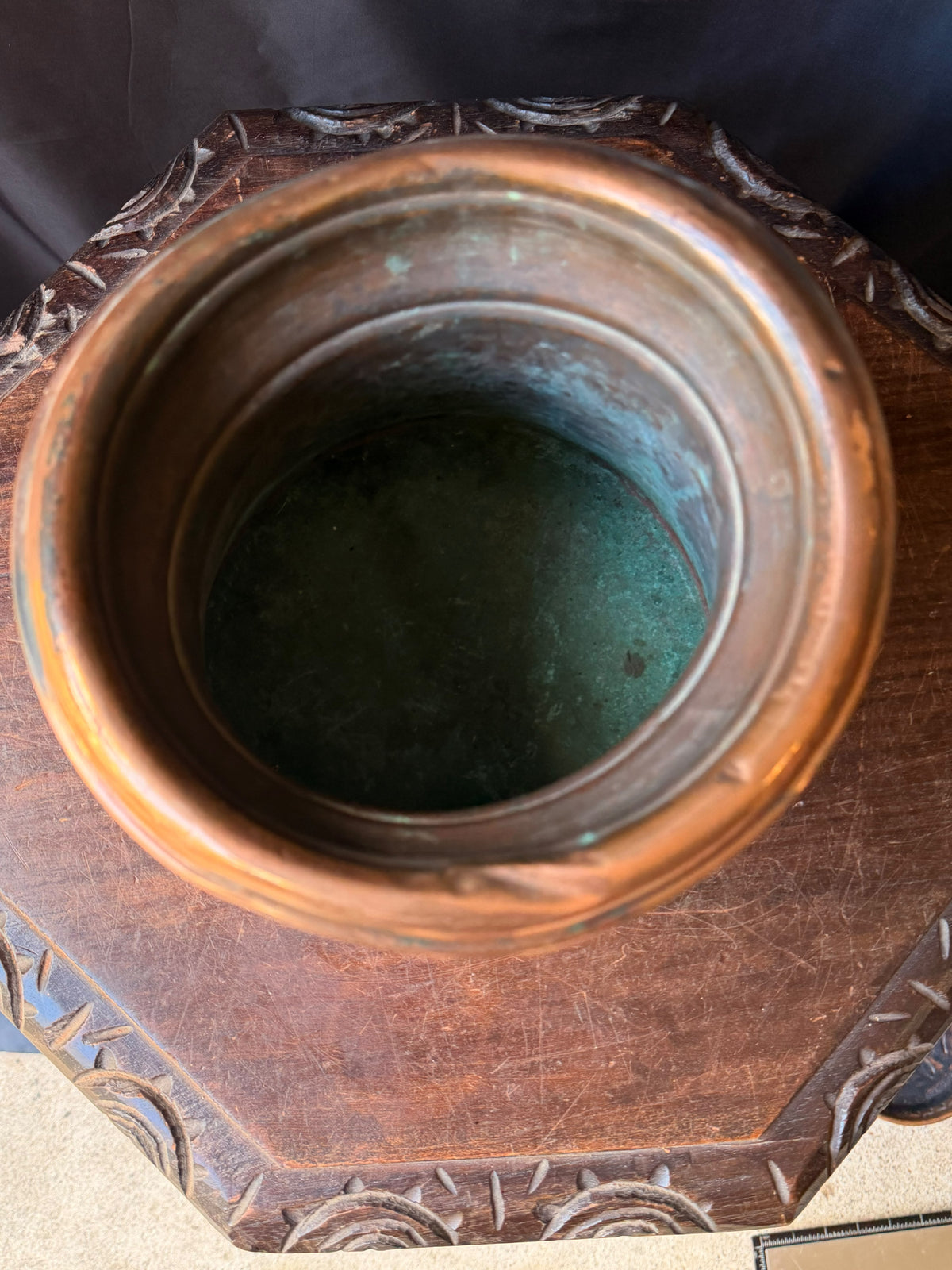 Antique Indian Tinned Copper Water Vessel Rolled Rim Pouring Lip Pot 8.5in