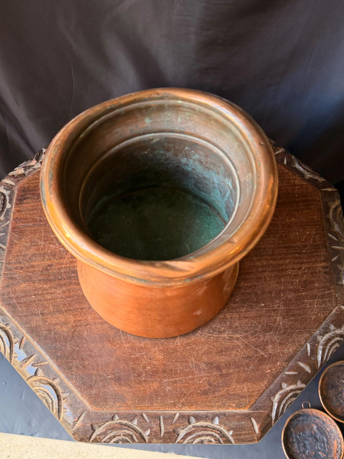 Antique Indian Tinned Copper Water Vessel Rolled Rim Pouring Lip Pot 8.5in