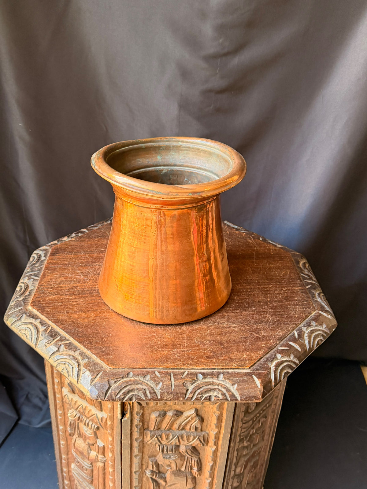 Antique Indian Tinned Copper Water Vessel Rolled Rim Pouring Lip Pot 8.5in