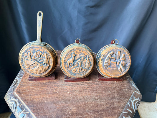 Vintage Alpine Copper Wall Molds Set of 3 Chalet Chamois Village Well Scenes 9in