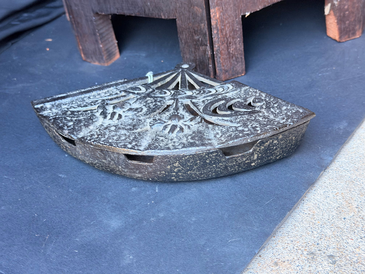 Vintage Japanese Cast Iron Fan Shaped Lidded Dish Iris Openwork Lid 8.5 Inch