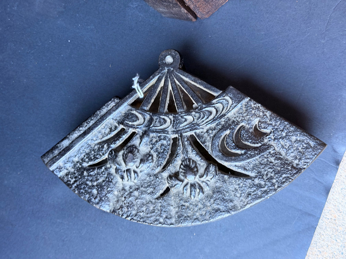 Vintage Japanese Cast Iron Fan Shaped Lidded Dish Iris Openwork Lid 8.5 Inch