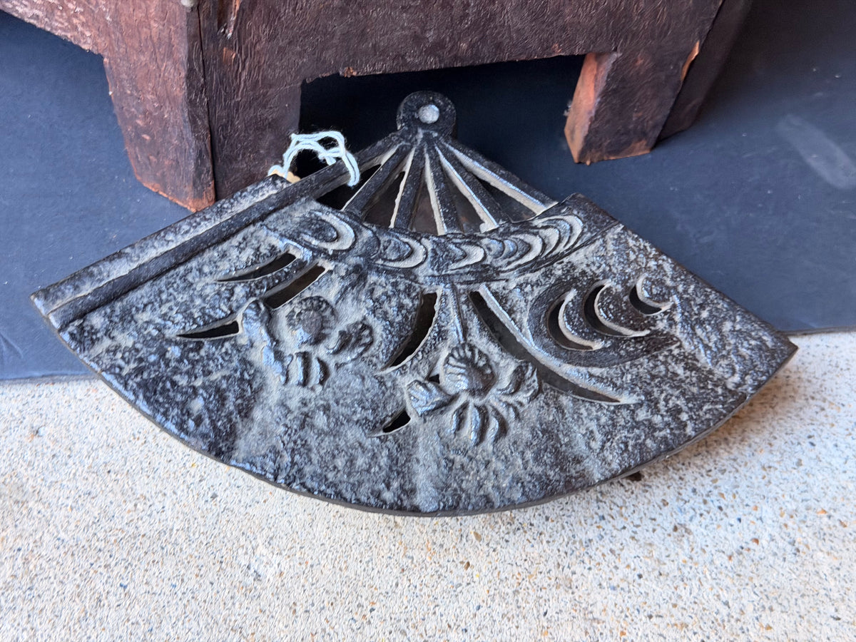 Vintage Japanese Cast Iron Fan Shaped Lidded Dish Iris Openwork Lid 8.5 Inch