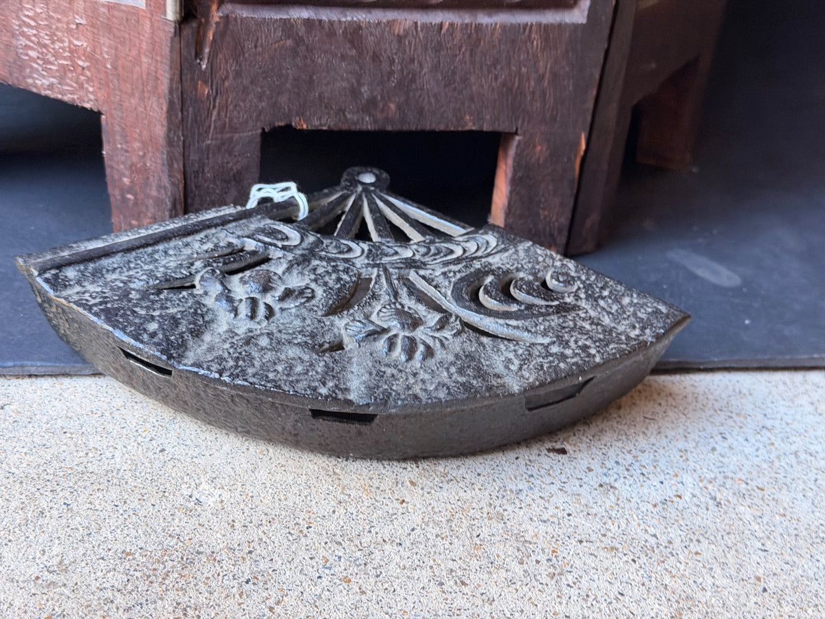 Vintage Japanese Cast Iron Fan Shaped Lidded Dish Iris Openwork Lid 8.5 Inch