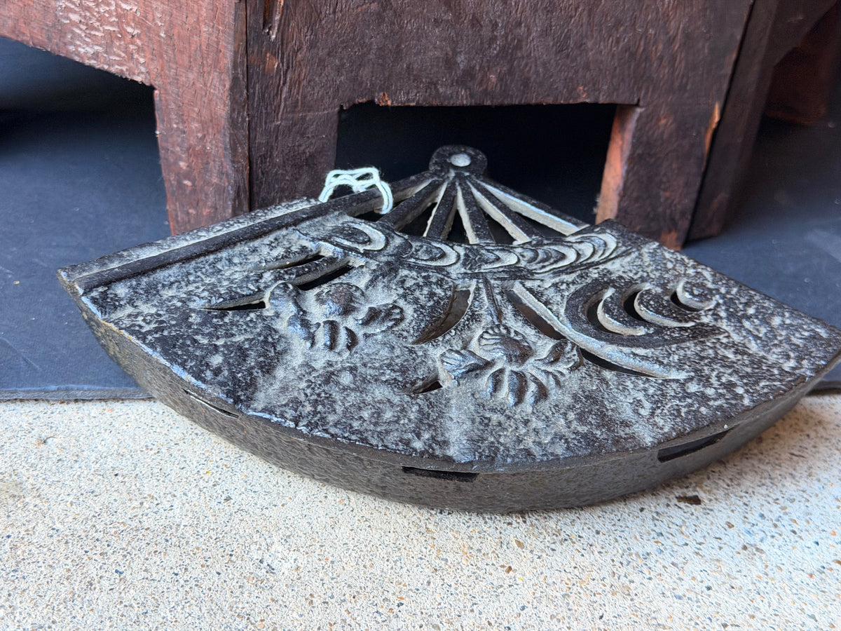 Vintage Japanese Cast Iron Fan Shaped Lidded Dish Iris Openwork Lid 8.5 Inch