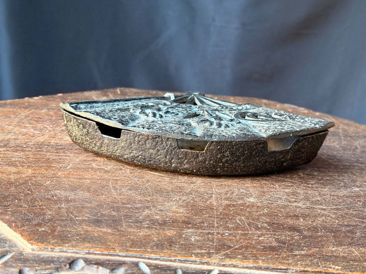 Vintage Japanese Cast Iron Fan Shaped Lidded Dish Iris Openwork Lid 8.5 Inch