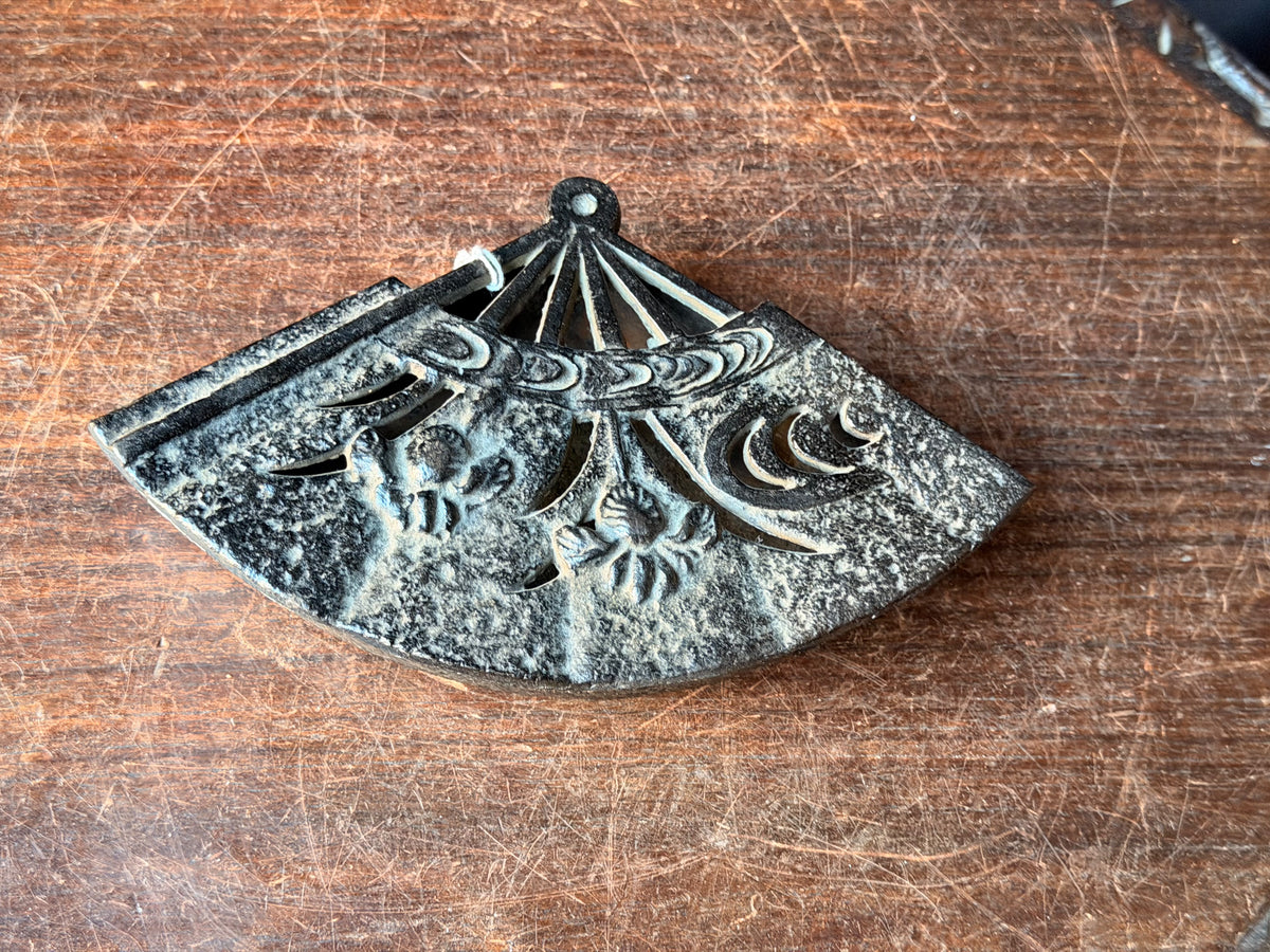 Vintage Japanese Cast Iron Fan Shaped Lidded Dish Iris Openwork Lid 8.5 Inch