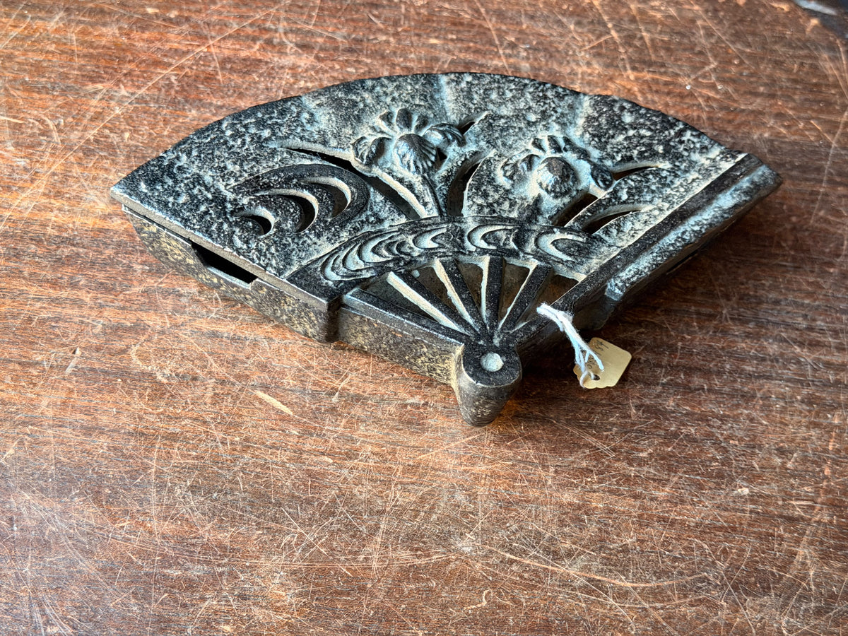 Vintage Japanese Cast Iron Fan Shaped Lidded Dish Iris Openwork Lid 8.5 Inch