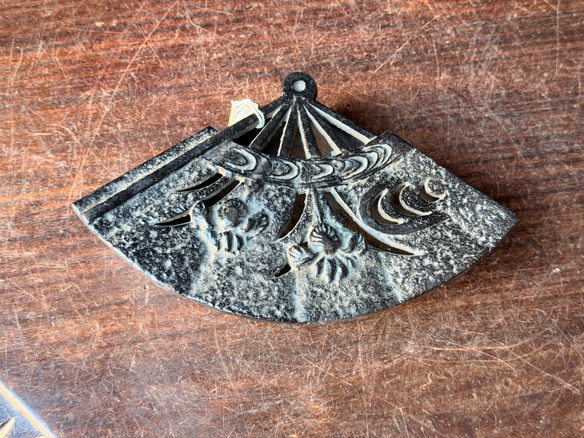 Vintage Japanese Cast Iron Fan Shaped Lidded Dish Iris Openwork Lid 8.5 Inch