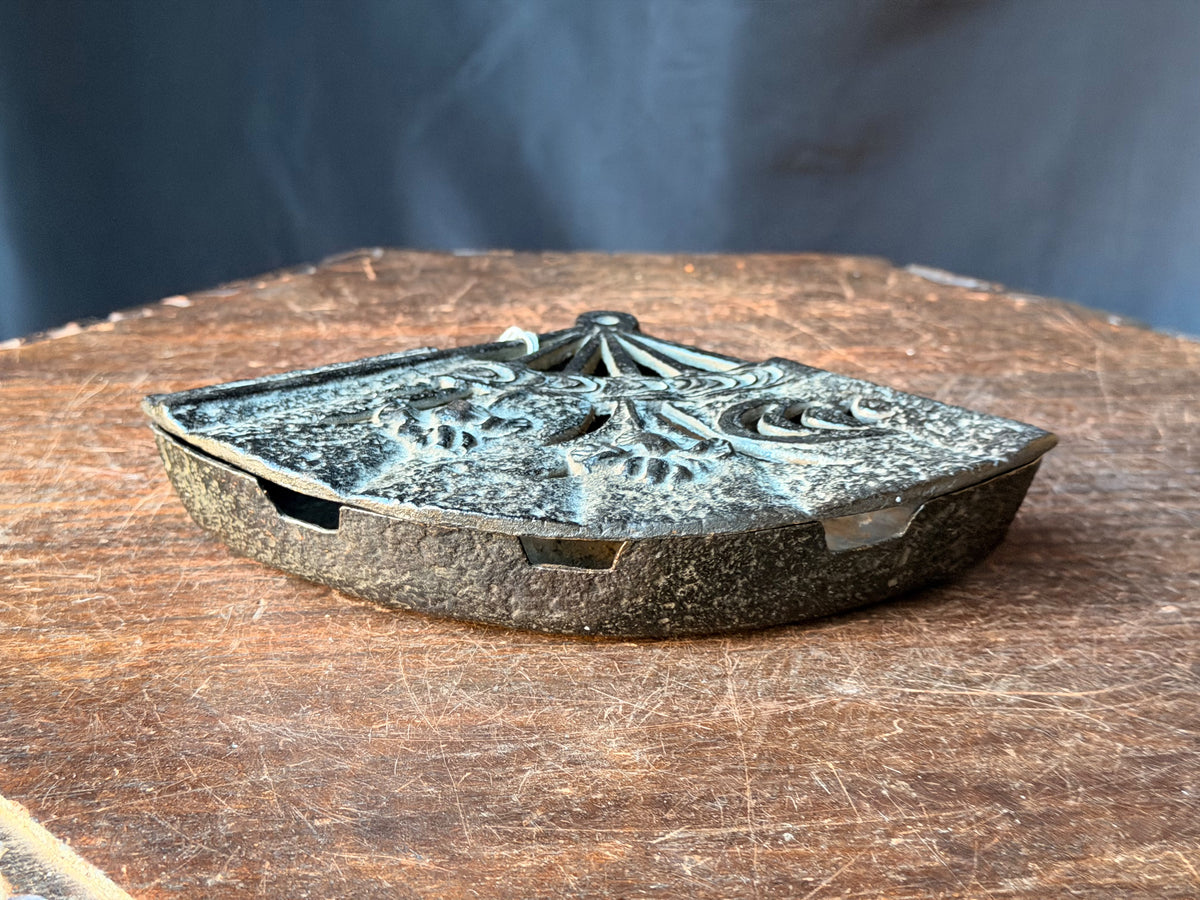 Vintage Japanese Cast Iron Fan Shaped Lidded Dish Iris Openwork Lid 8.5 Inch
