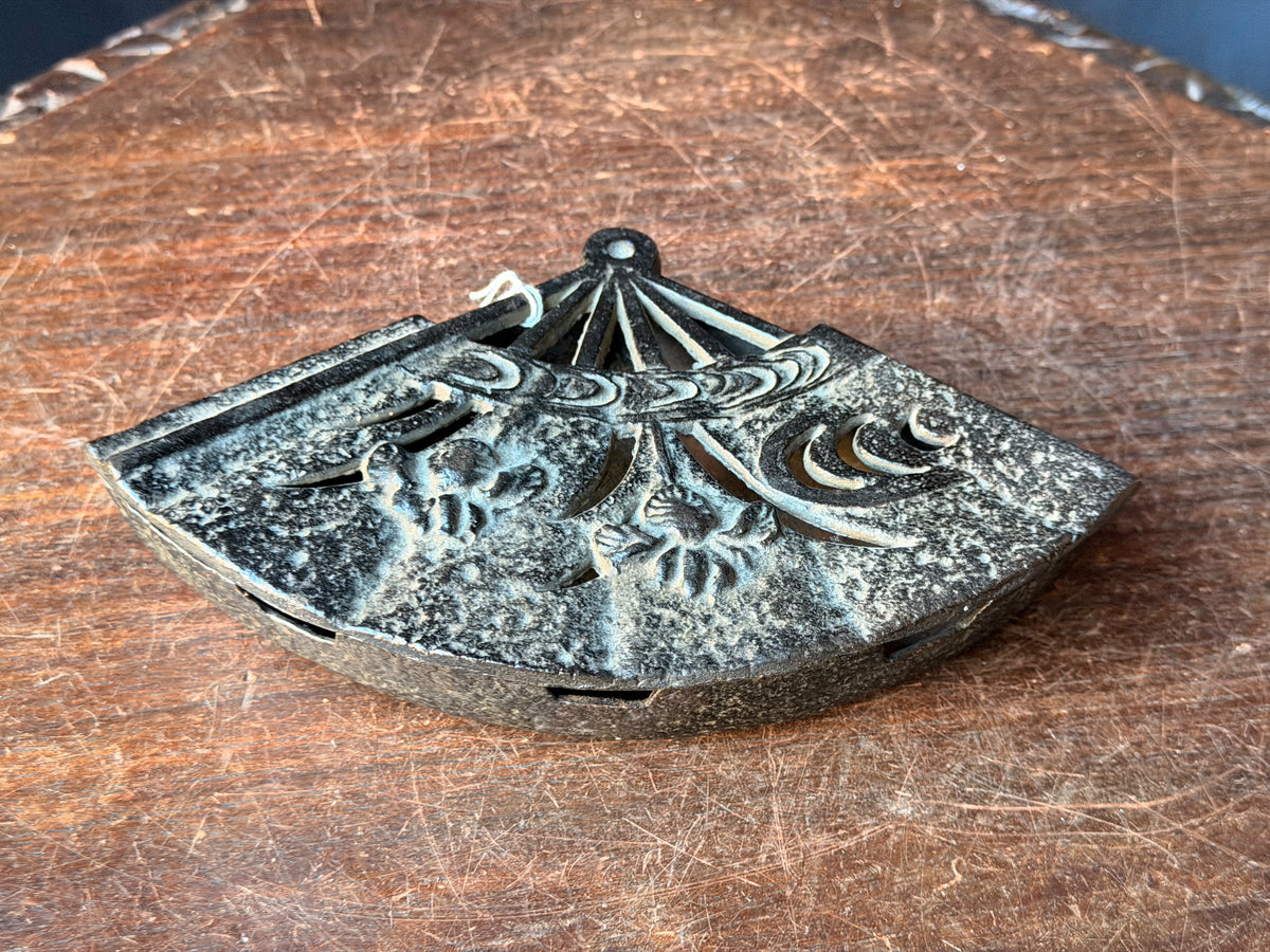 Vintage Japanese Cast Iron Fan Shaped Lidded Dish Iris Openwork Lid 8.5 Inch