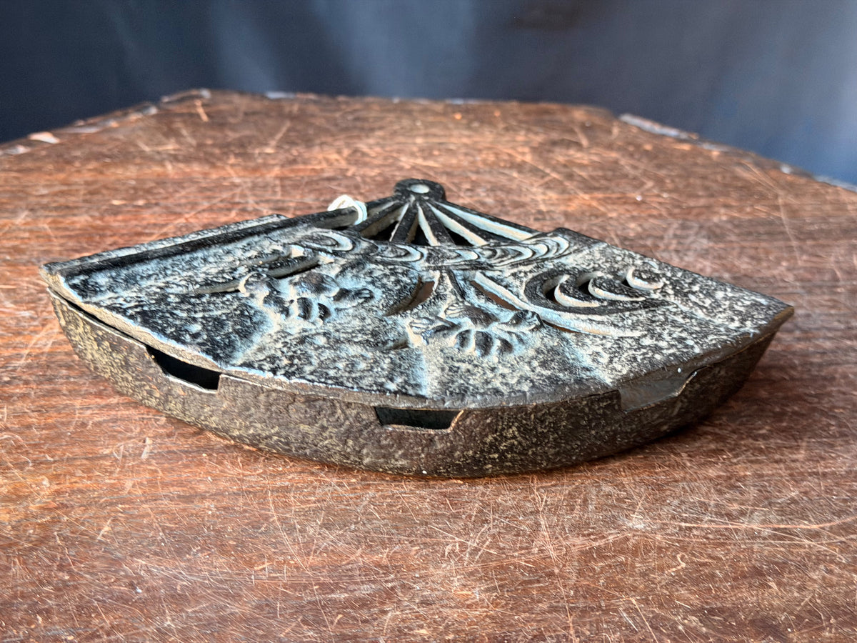 Vintage Japanese Cast Iron Fan Shaped Lidded Dish Iris Openwork Lid 8.5 Inch