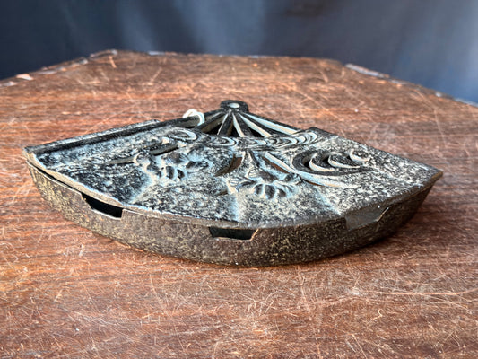 Vintage Japanese Cast Iron Fan Shaped Lidded Dish Iris Openwork Lid 8.5 Inch