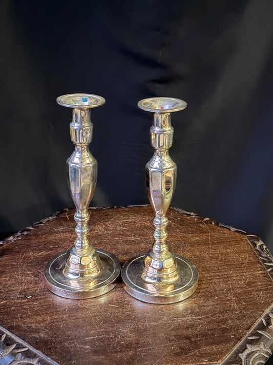 Vintage Georgian Style Brass Candlesticks Pair Faceted Baluster 10.5 Inch