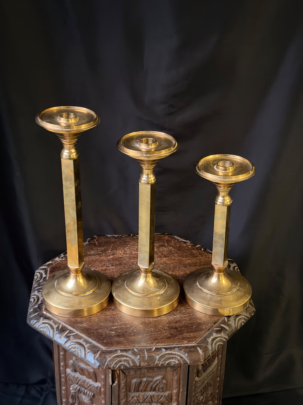 Vintage Brass Candlesticks Set of 3 Graduated Square Column 16 15 14 Inch