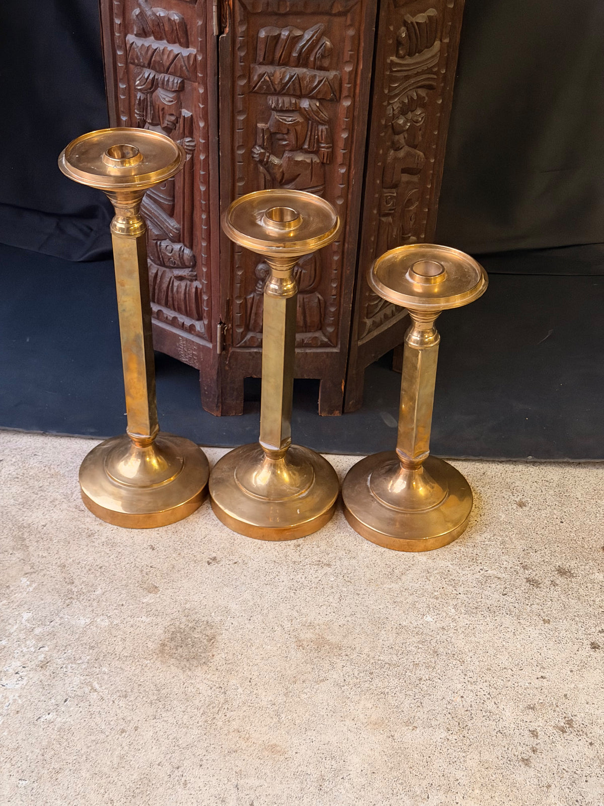 Vintage Brass Candlesticks Set of 3 Graduated Square Column 16 15 14 Inch