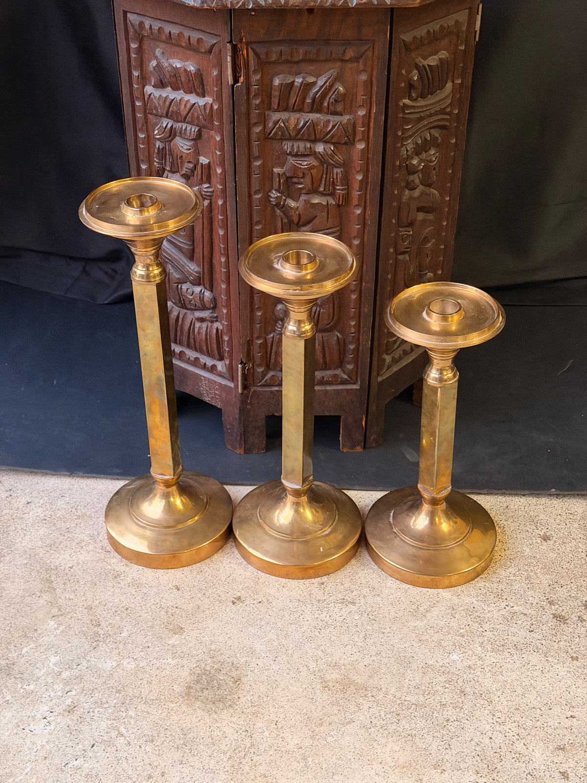 Vintage Brass Candlesticks Set of 3 Graduated Square Column 16 15 14 Inch