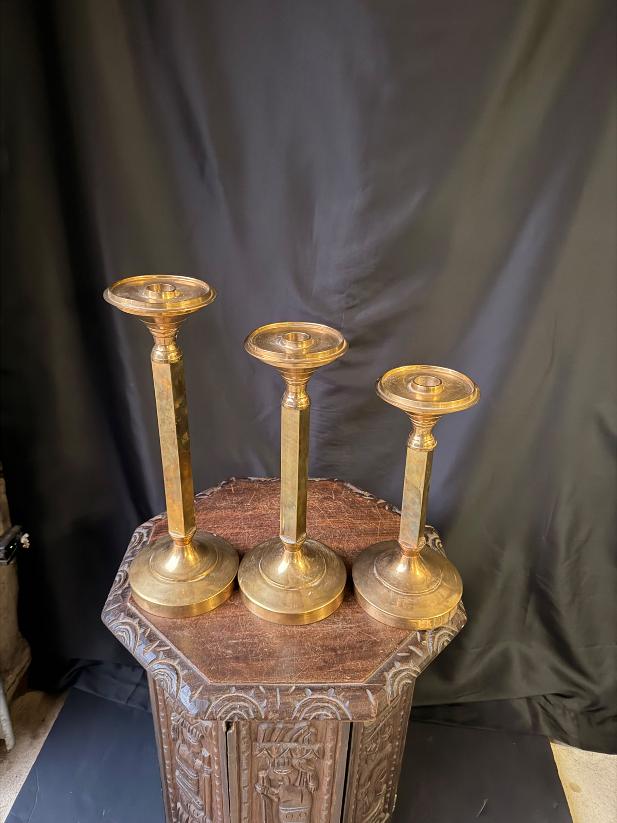 Vintage Brass Candlesticks Set of 3 Graduated Square Column 16 15 14 Inch