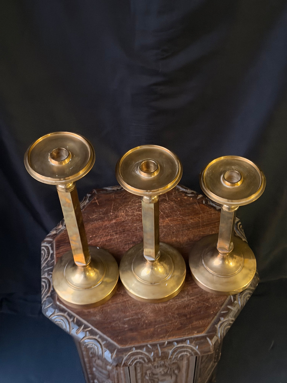 Vintage Brass Candlesticks Set of 3 Graduated Square Column 16 15 14 Inch