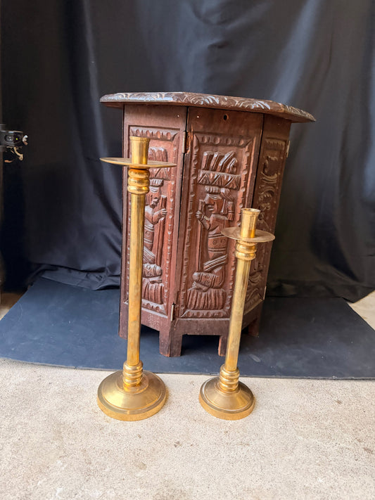 Vintage Brass Altar Style Candlesticks Pair Made in India 19.5 and 15.5 Inch