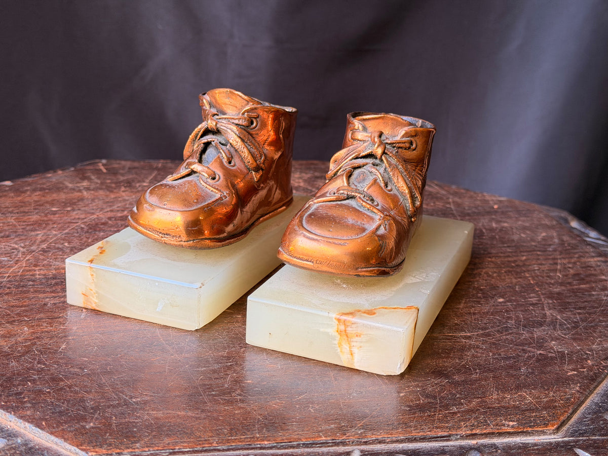 Vintage Bronzed Baby Shoe Bookends Green Onyx Stone Bases Pair 6.3"