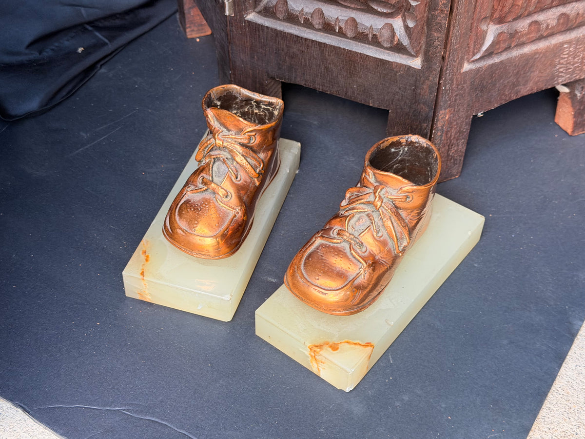 Vintage Bronzed Baby Shoe Bookends Green Onyx Stone Bases Pair 6.3"