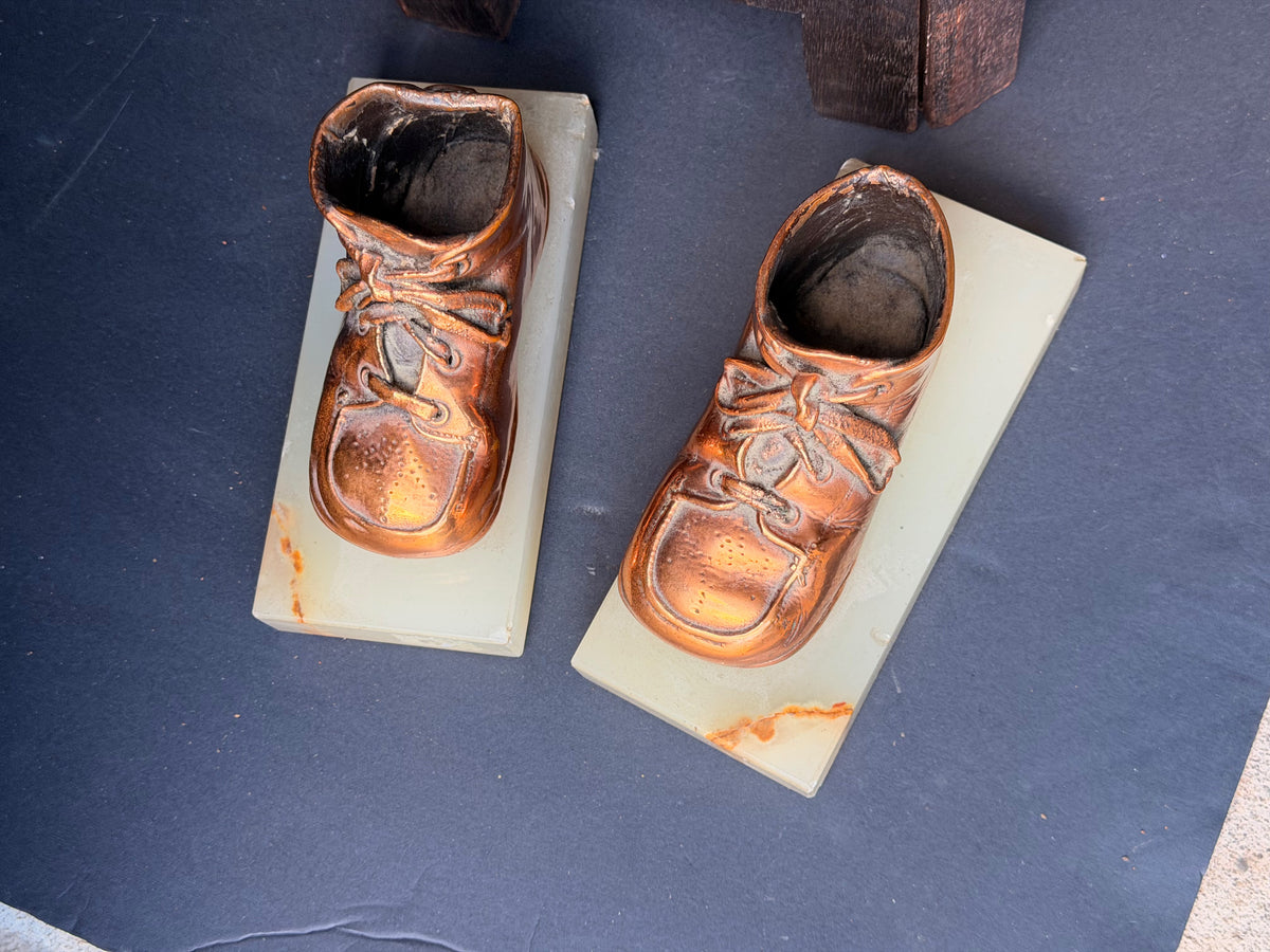 Vintage Bronzed Baby Shoe Bookends Green Onyx Stone Bases Pair 6.3"