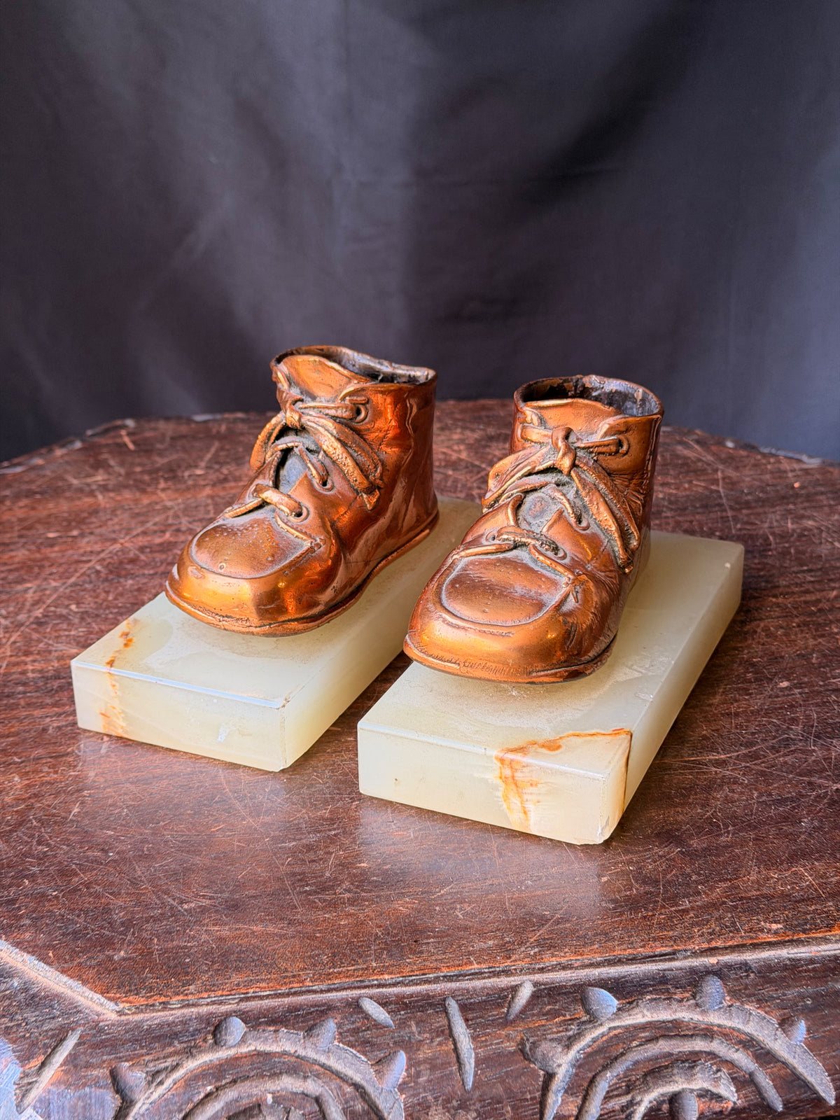 Vintage Bronzed Baby Shoe Bookends Green Onyx Stone Bases Pair 6.3"