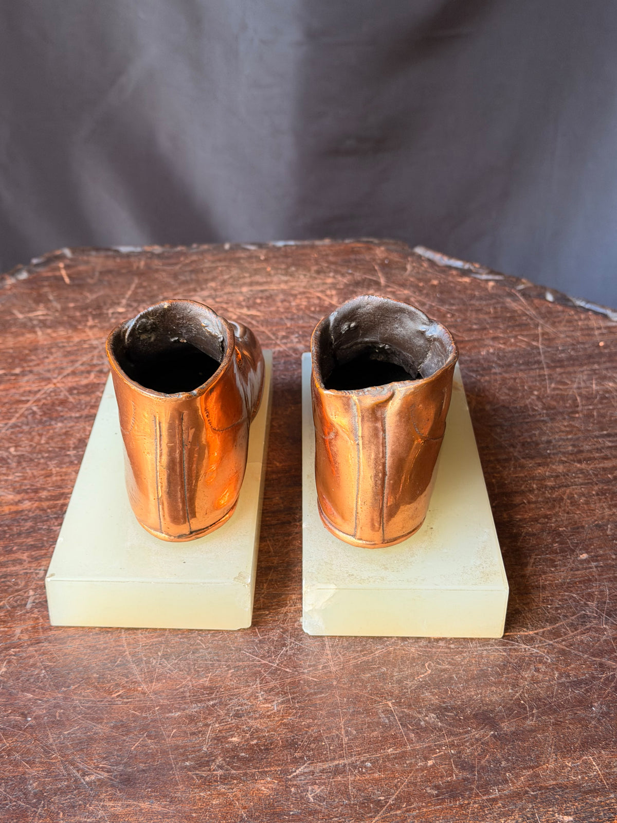 Vintage Bronzed Baby Shoe Bookends Green Onyx Stone Bases Pair 6.3"