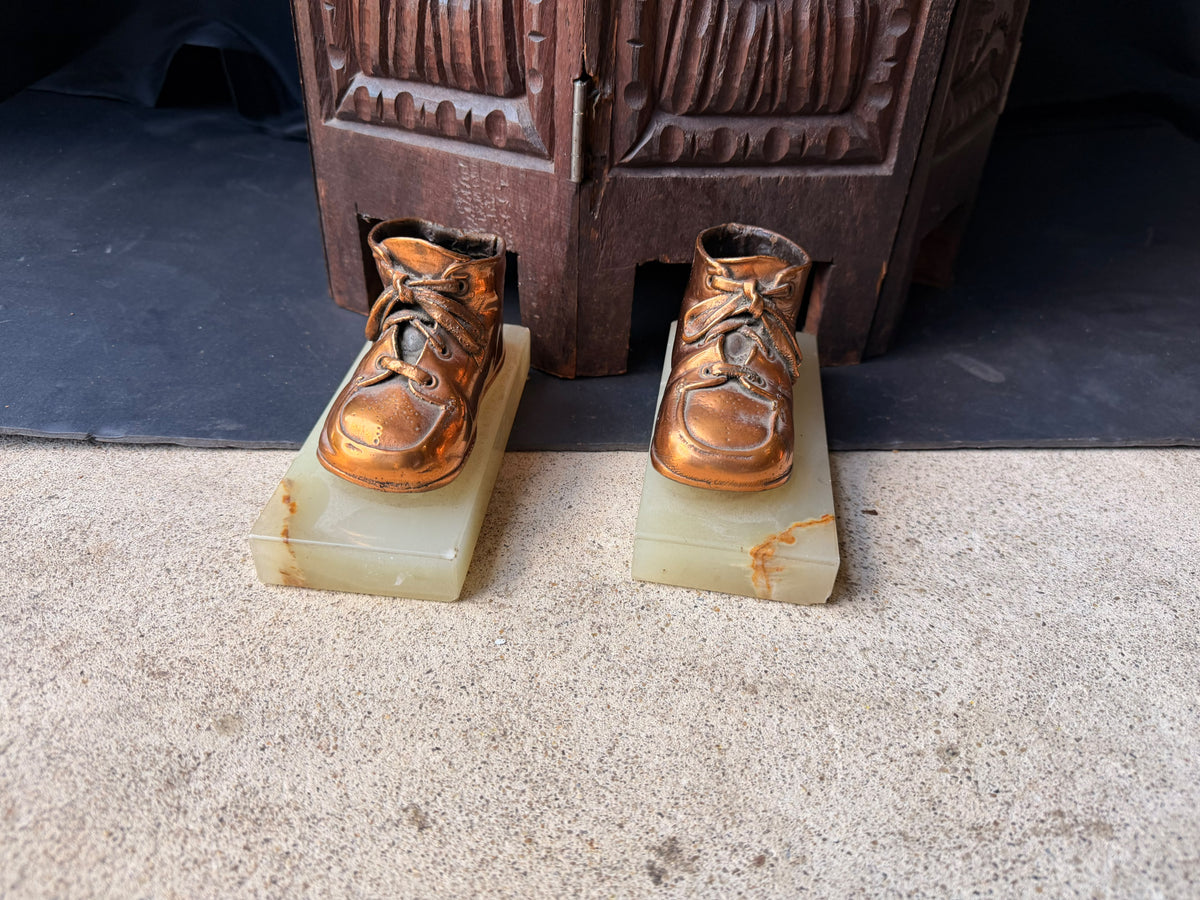 Vintage Bronzed Baby Shoe Bookends Green Onyx Stone Bases Pair 6.3"