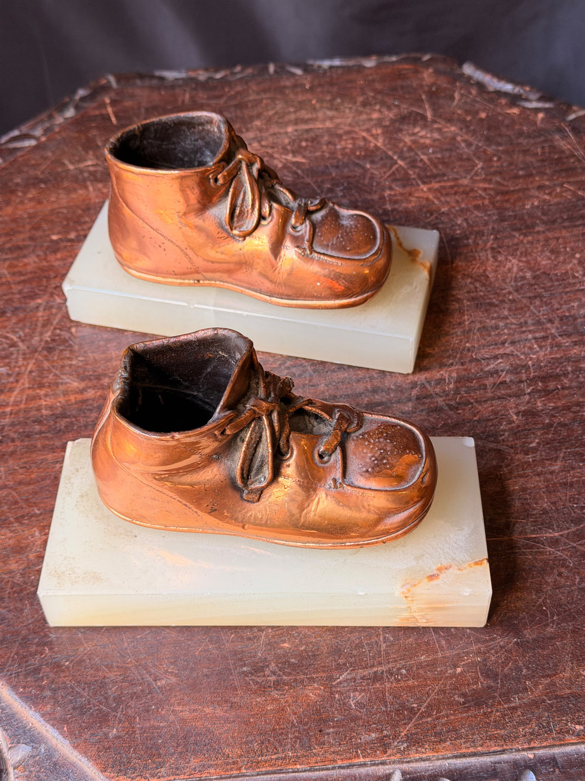 Vintage Bronzed Baby Shoe Bookends Green Onyx Stone Bases Pair 6.3"