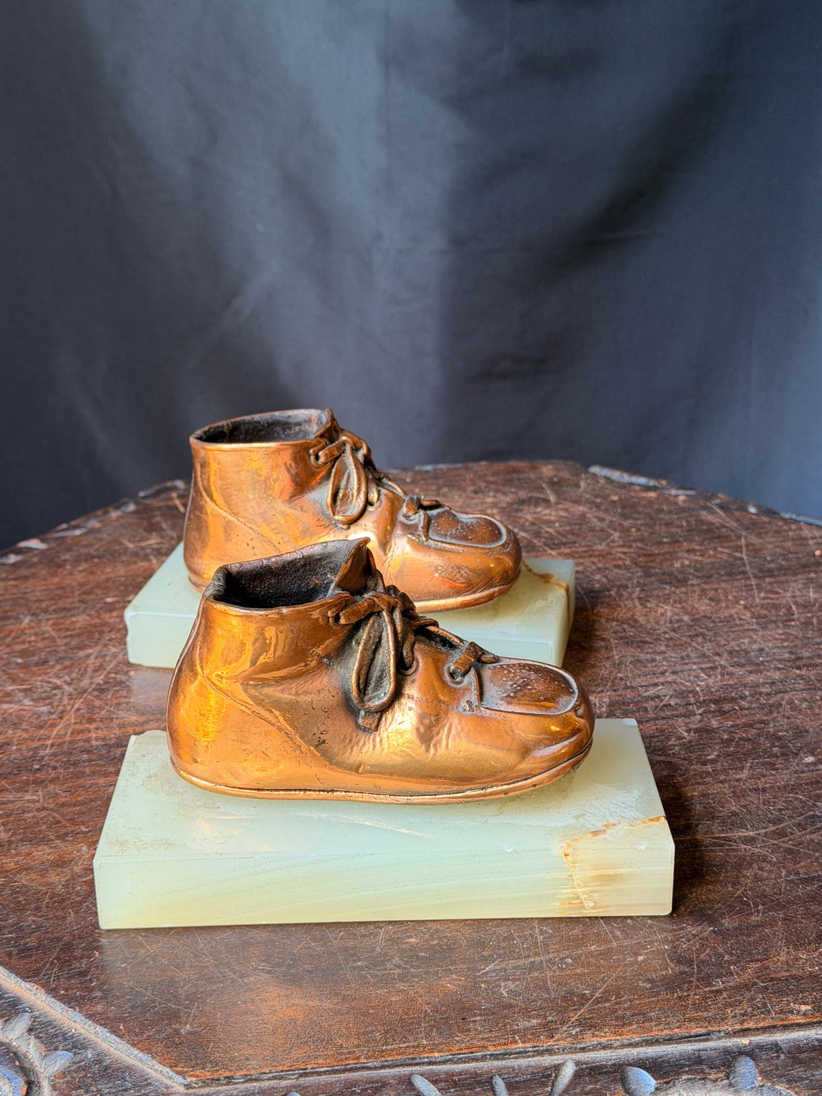 Vintage Bronzed Baby Shoe Bookends Green Onyx Stone Bases Pair 6.3"
