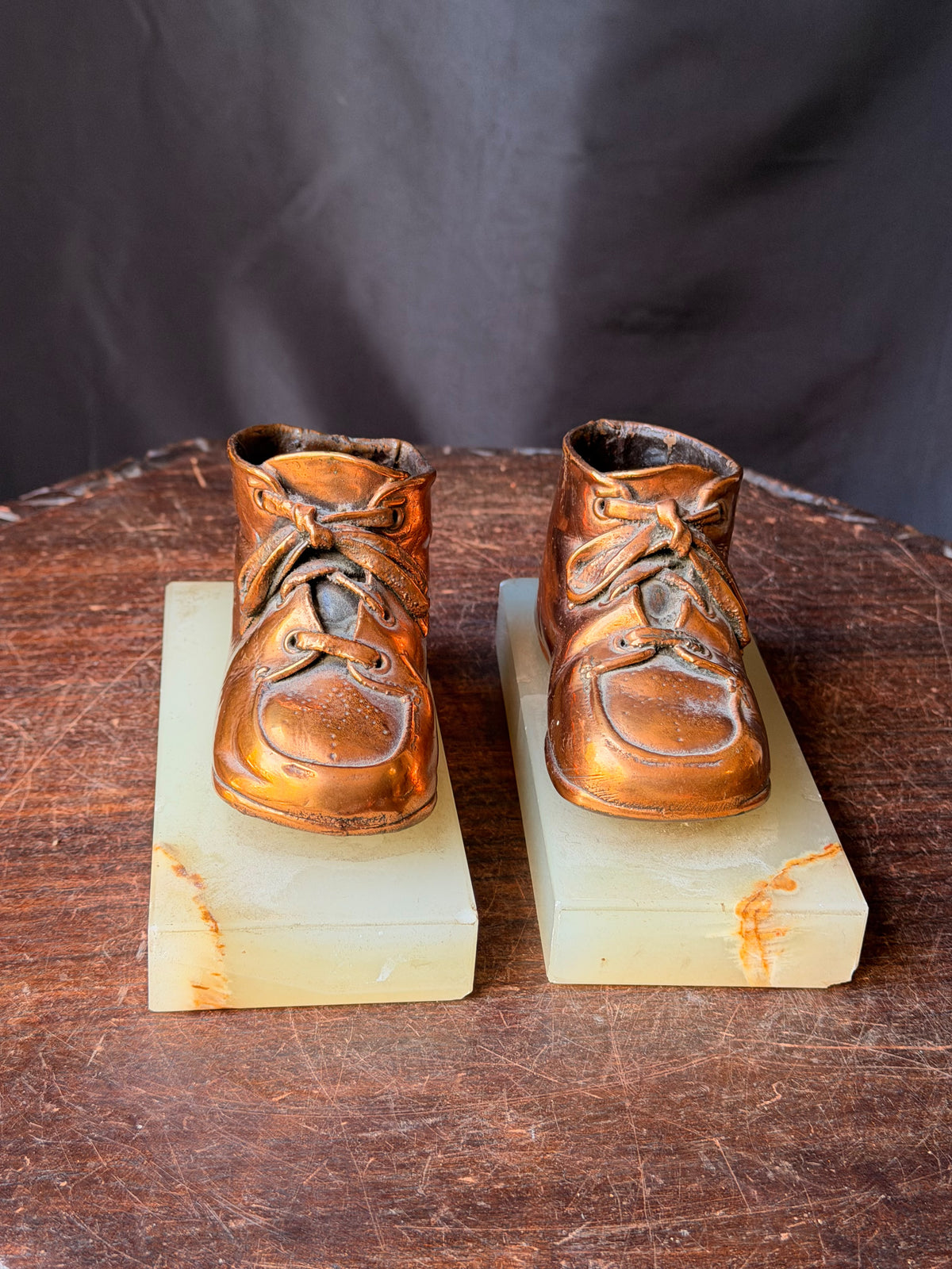 Vintage Bronzed Baby Shoe Bookends Green Onyx Stone Bases Pair 6.3"