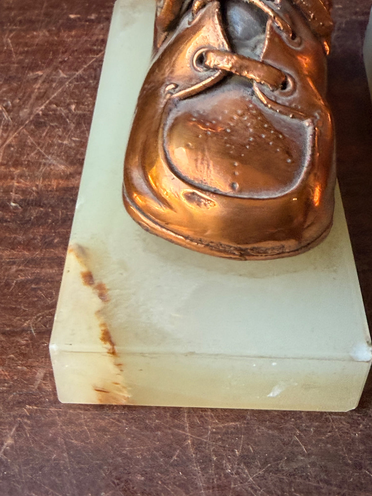 Vintage Bronzed Baby Shoe Bookends Green Onyx Stone Bases Pair 6.3"