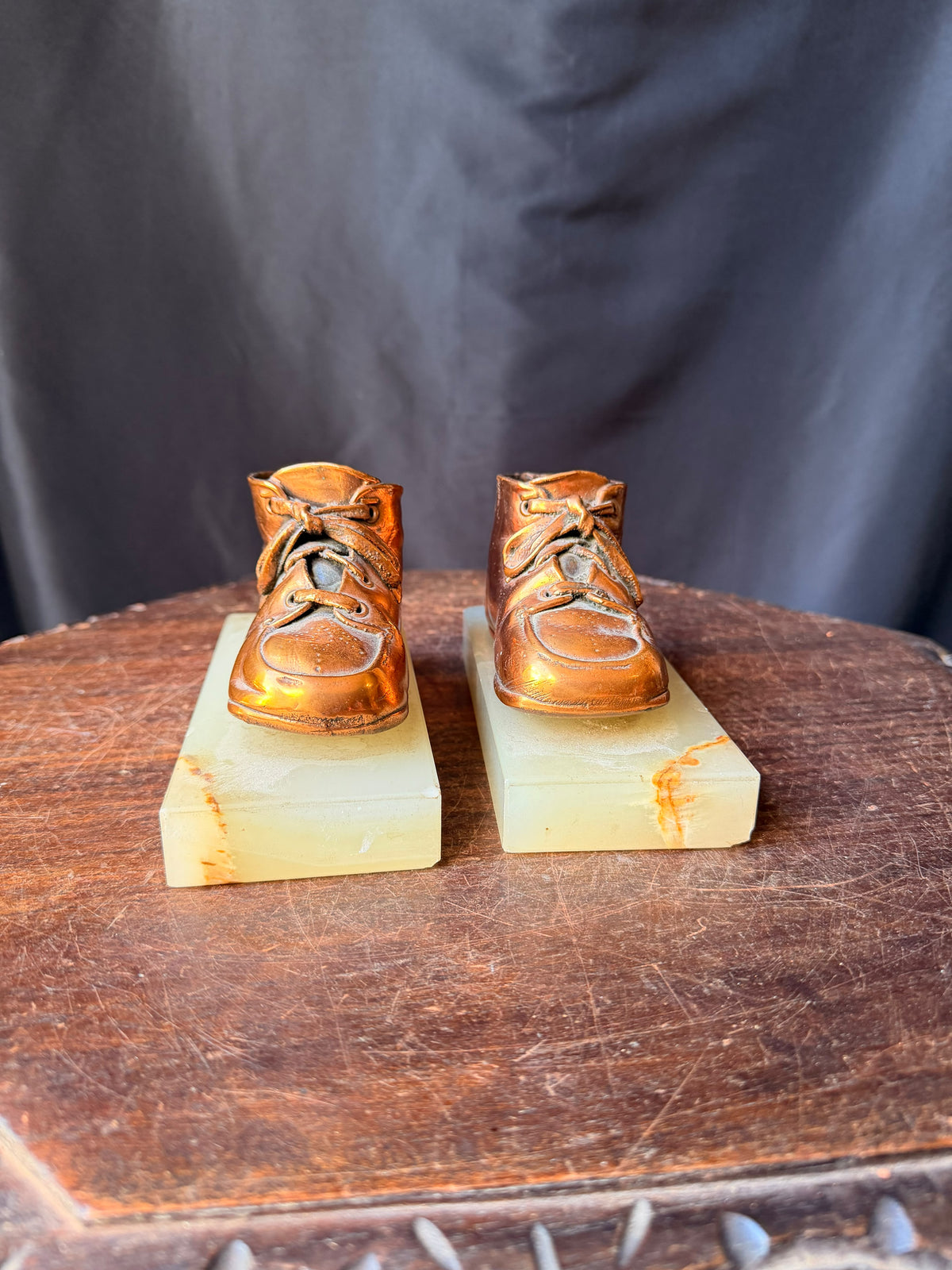 Vintage Bronzed Baby Shoe Bookends Green Onyx Stone Bases Pair 6.3"