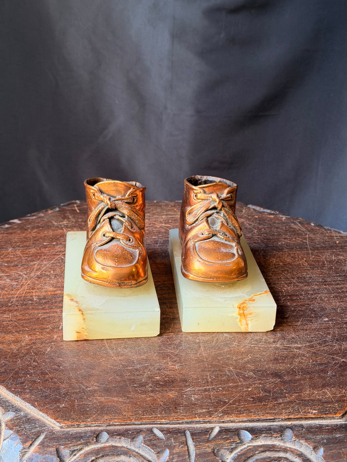 Vintage Bronzed Baby Shoe Bookends Green Onyx Stone Bases Pair 6.3"