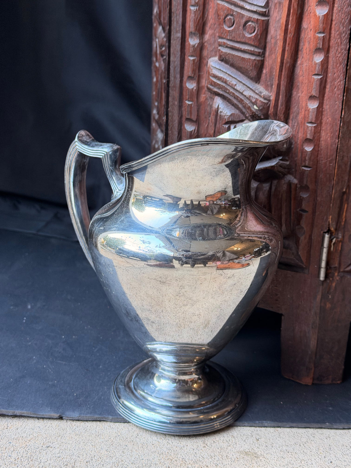 Antique Simpson Hall Miller Silverplate Footed Water Pitcher Reeded Handle 8.8"