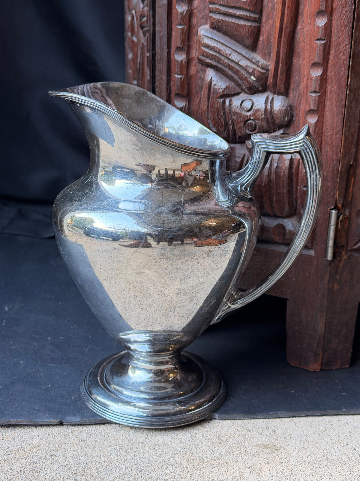 Antique Simpson Hall Miller Silverplate Footed Water Pitcher Reeded Handle 8.8"