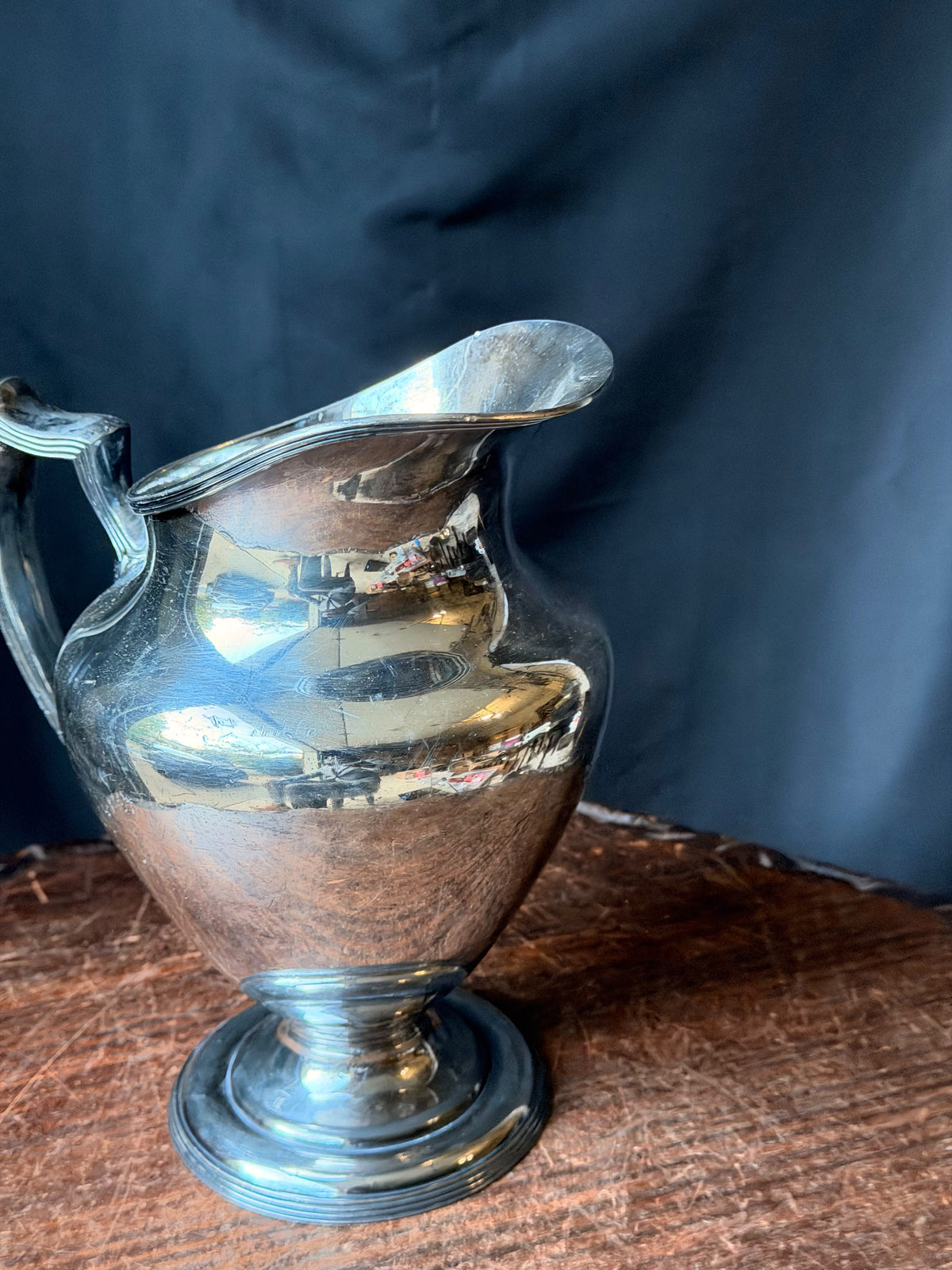 Antique Simpson Hall Miller Silverplate Footed Water Pitcher Reeded Handle 8.8"