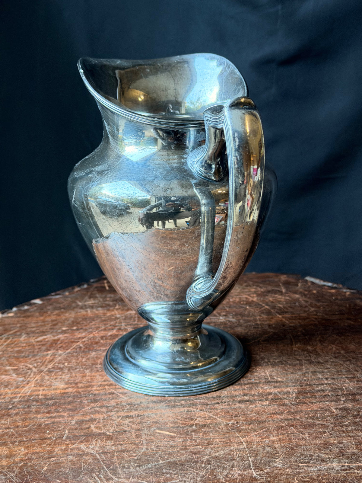 Antique Simpson Hall Miller Silverplate Footed Water Pitcher Reeded Handle 8.8"