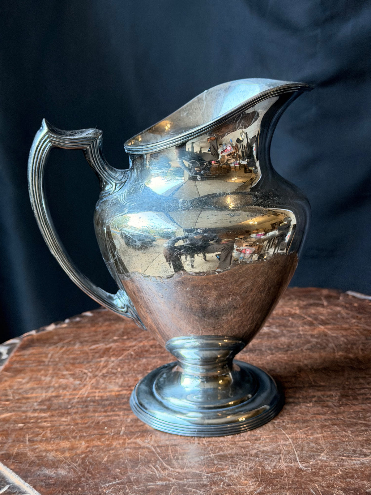 Antique Simpson Hall Miller Silverplate Footed Water Pitcher Reeded Handle 8.8"