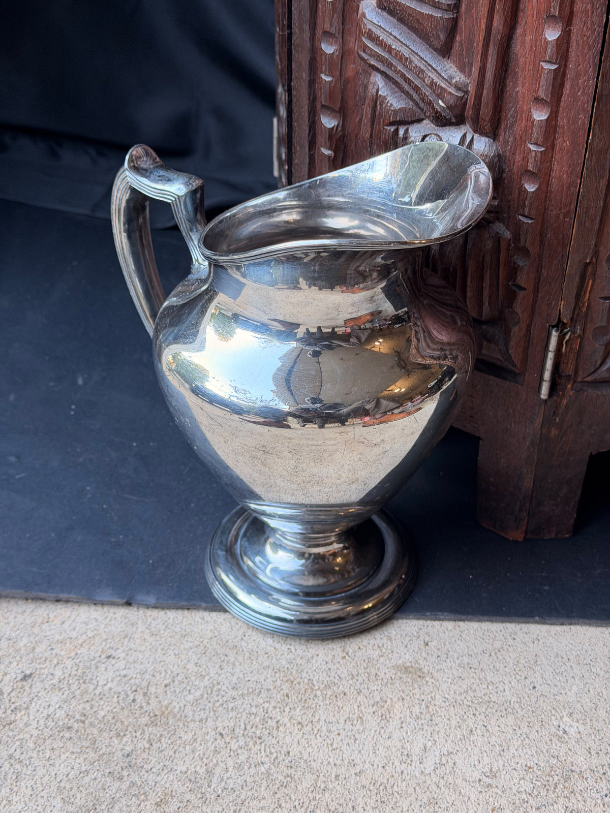 Antique Simpson Hall Miller Silverplate Footed Water Pitcher Reeded Handle 8.8"