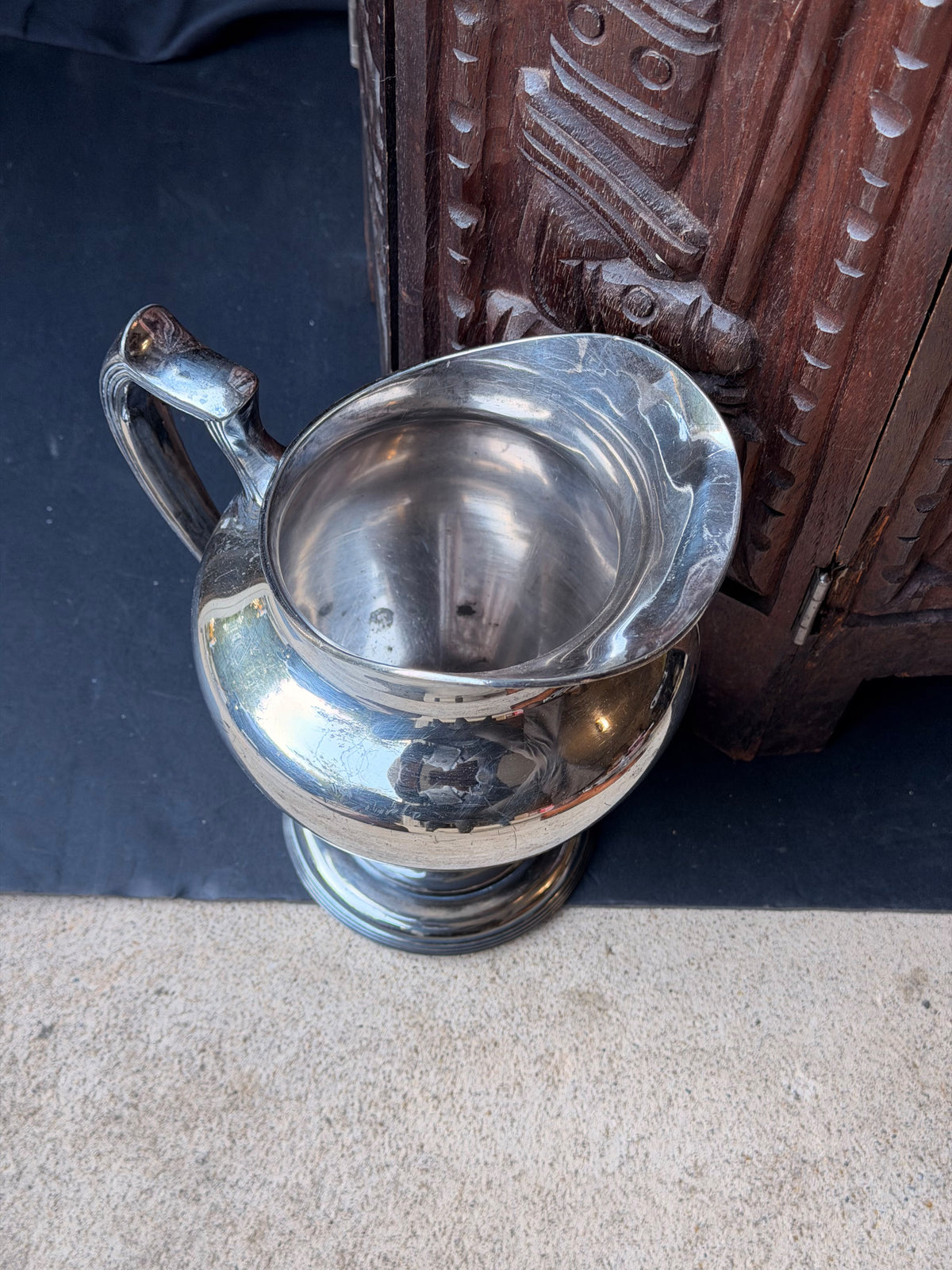 Antique Simpson Hall Miller Silverplate Footed Water Pitcher Reeded Handle 8.8"