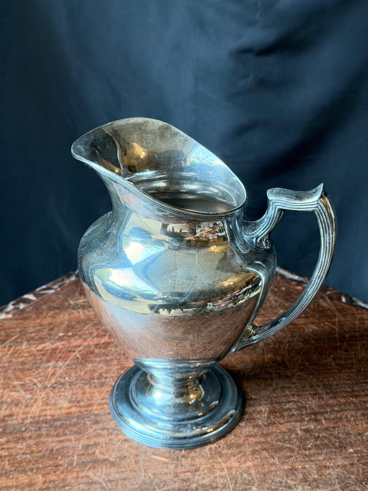 Antique Simpson Hall Miller Silverplate Footed Water Pitcher Reeded Handle 8.8"