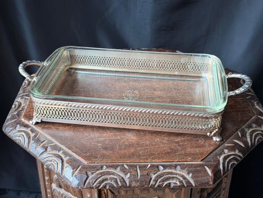 Vintage Silverplate Pierced Footed Casserole Holder Pyrex 232 2 Qt Dish 16.8"