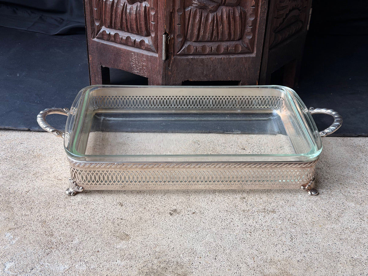Vintage Silverplate Pierced Footed Casserole Holder Pyrex 232 2 Qt Dish 16.8"