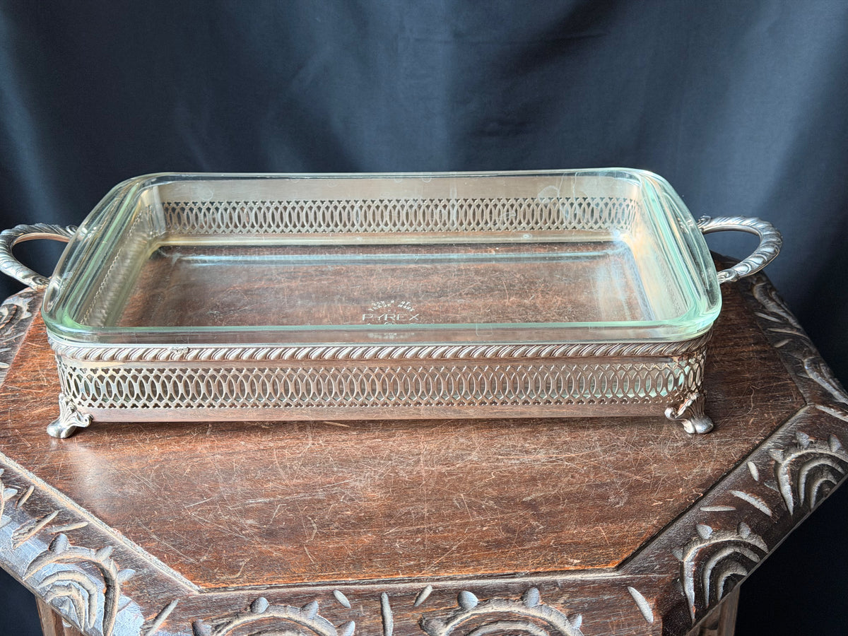 Vintage Silverplate Pierced Footed Casserole Holder Pyrex 232 2 Qt Dish 16.8"
